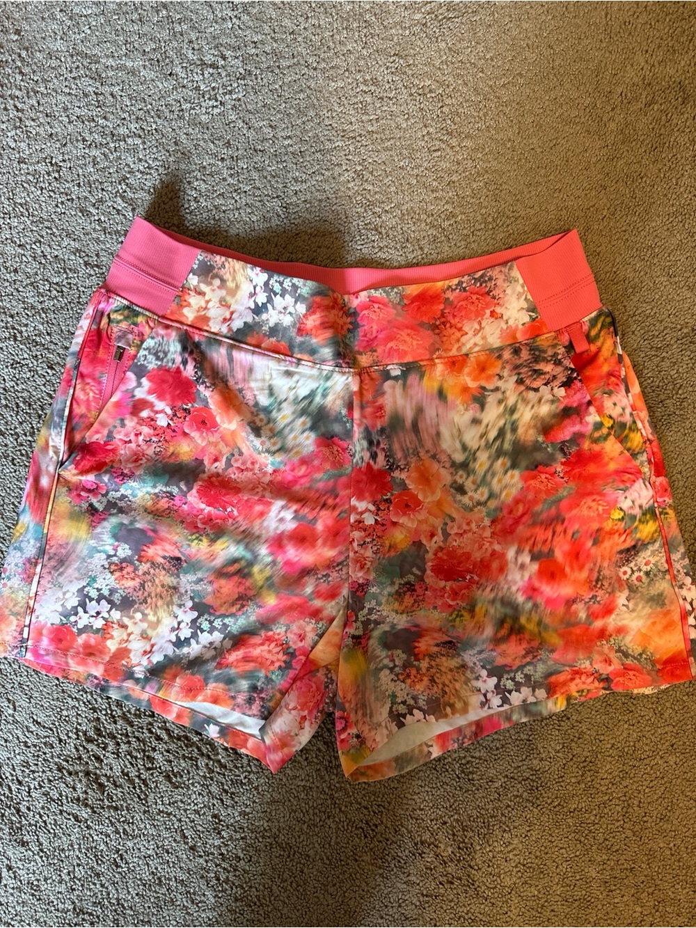 Athleta Coral Pink Ribbed Waistband Floral Shorts - Picture 2 of 5